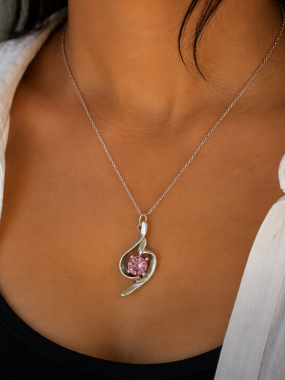 Silver Pendant Necklace with Pink Crystal Accent
